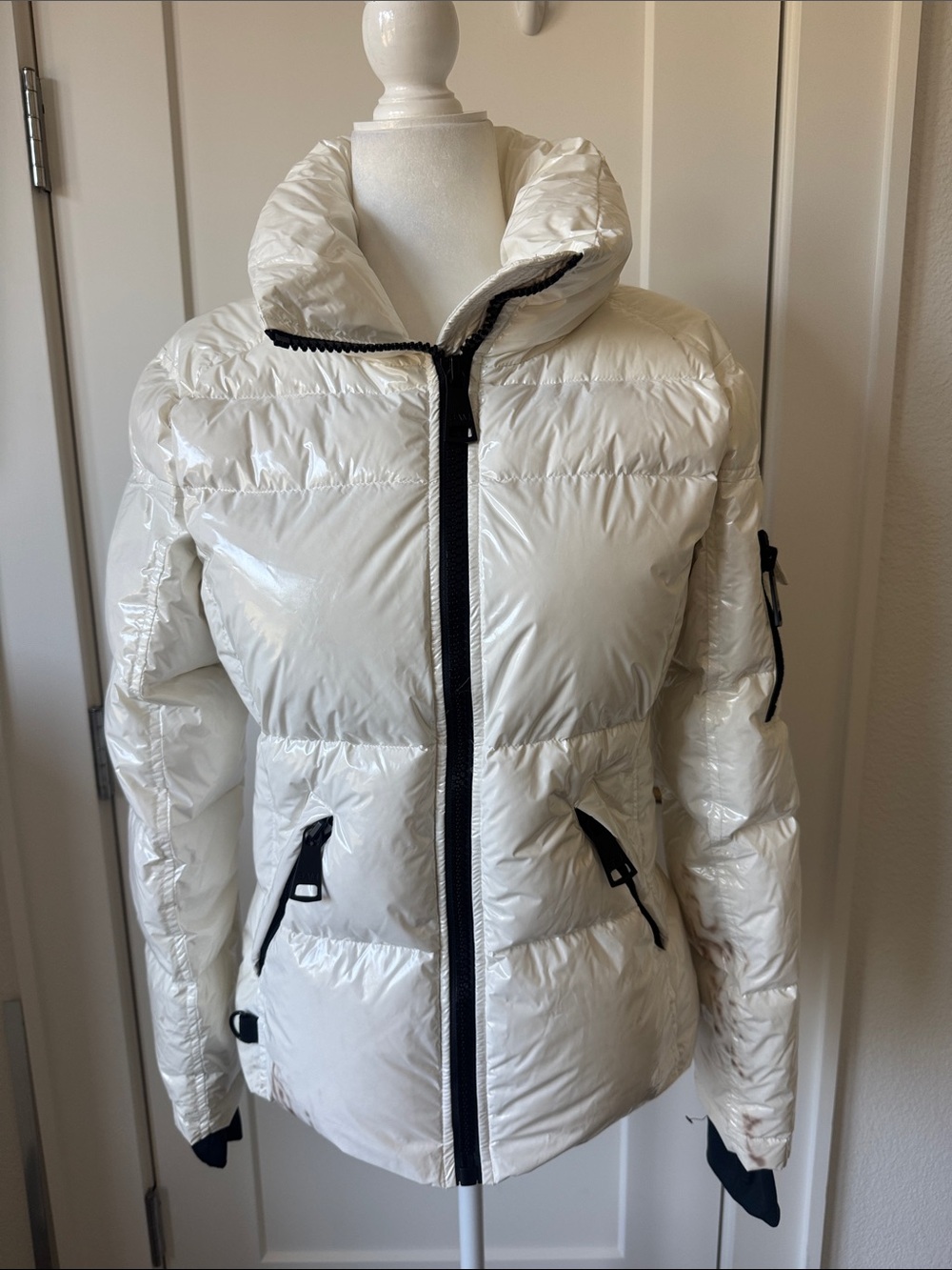 SAM. White Shiny Puffer Jacket with Black Trim FLAWS